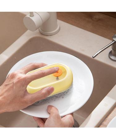 Soap Dispensing Palm Brush - Automatic Kitchen Scrub Brush - Two Brush Heads Easy Grip Non-Stick Oil Dish Soap Scrubber for Pots Pans Gyouza Yellow - Buy Online on GoSupps.com