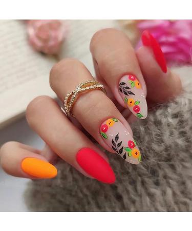 Almond Fake Nails Medium Press on Nails Red False Nails with Flower Leaf Designs Acrylic Artificial Almond Nails Full Cover Glue on Nails Stick on Nails for Women 24Pcs style7