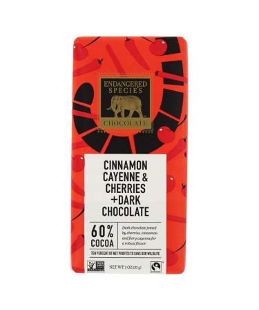 Endangered Species Natural Dark Chocolate Bar with Cinnamon Cayenne and Cherries, 3 Ounce - 12 per case.