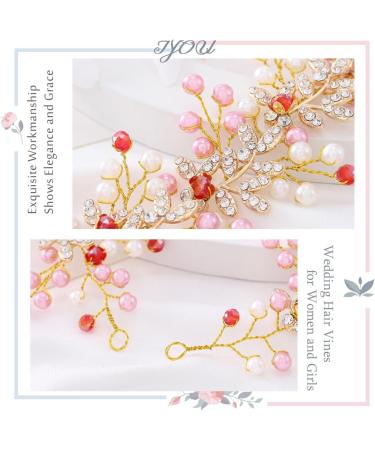 IYOU Pearl Wedding Hair Vine Pink Leaf Bridal Headband Crystal Bridesmaid Bride Hair Piece Accessories for Women(Gold) - Buy Online on GoSupps.com