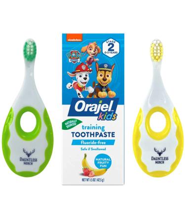 Dauntless Merch Easy Grip Baby Toothbrush and Fluoride-Free Toddler Stage 2 Training Toothpaste, Natural Fruity Fun Flavor, 1.5 oz. Starter Set. (Paw)