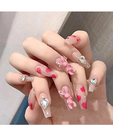 Press-on False Nails 48pcs (2pack) Heart Diamond Long Press On Nails with Rabbit Decoration French Fake Nail Tips DIY Arylic False Nail Tips for Women and Girls