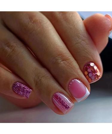 Square Short Fake Nails Acrylic Press on Nails Glitter Sequins False Nails with Designs Rose Pink Full Cover French Tip Glue on Nails Short Length for Women 24 Pcs 24 Fl Oz (Pack of 1) Short Square French A-3