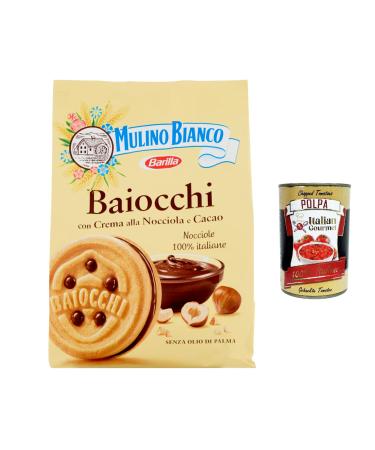 Italian Gourmet E.R. Mulino Bianco Baiocchi 3-pack of biscuits with hazelnut and cocoa cream for breakfast and a sweet afternoon snack 260g + Italian gourmet polpa 400g