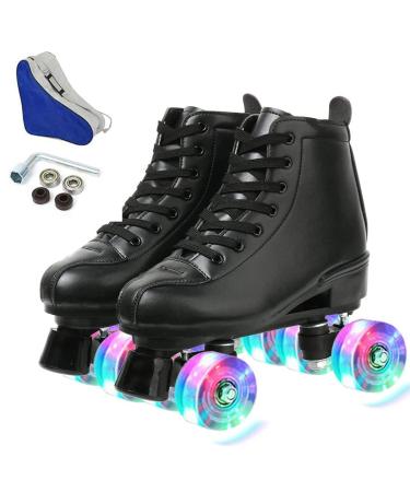 MAOWAO Roller Skates Women, Outdoor High Top PU Leather Women Roller Skates, Adjustable Indoor Double Row Skates for Beginner Adults Girls Men with Carry Bag 37-US:6 Black Flash Wheel