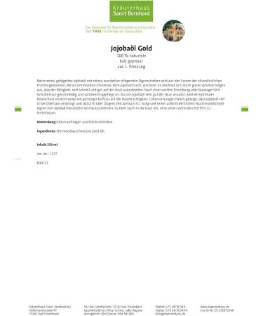 Sanct Bernhard Jojoba Oil Gold - 100% Natural Cold Pressed Skin & Massage Oil 250 ml - Buy Online on GoSupps.com