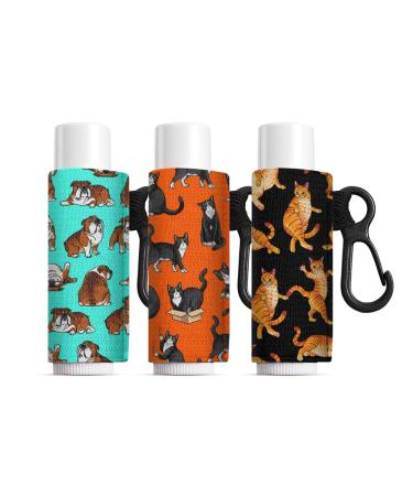 WIRESTER Set of 3 Chapstick Holder Keychain Elastic Lip Balm Holder Sleeves for Women - English Bulldog Tuxedo Cat Tabby Cat Funny Playful Postures English Bulldog Tuxedo Tabby Cat Funny Playful