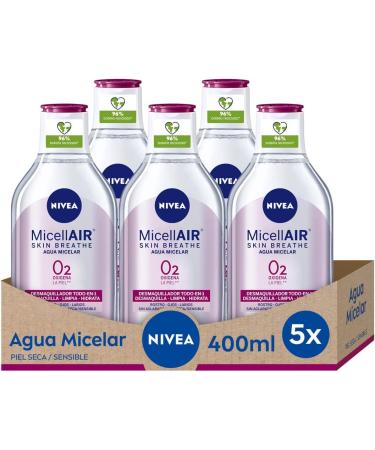 NIVEA NIVEA MicellAIR Skin Breathe Micellar Water Dry/Sensitive Skin Pack of 5 (5 x 400 ml) Micellar Water Make-Up Remover for the Face and Eye Makeup Remover