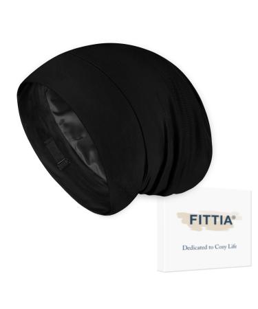 Fittia Satin-Bonnet Silk Sleep Cap  Silk Hair Bonnet for Sleeping  Bamboo Beanie Hair Wrap for Curly Hair Sleeping  Unisex Medium Black