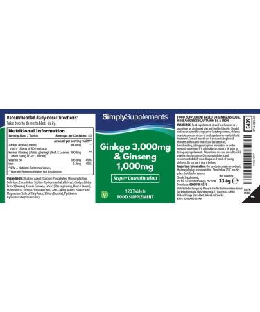 Ginkgo Biloba and Korean Ginseng (Panax) | 120 Tablets | Vegan Friendly | Up to 2 Months of Benefit | SimplySupplements - Buy Online on GoSupps.com