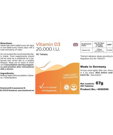 Vitamin D3 20000 IU - High Dose Cholecalciferol Tablets (90 Count) | Only 1 Tablet Every 20 Days | Vitamintrend - International Shipping Available - Buy Online on GoSupps.com