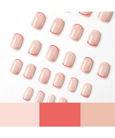 24 Pcs Short French Pattern False Nails with Red Line Design - Press On Nails with Glue - Acrylic Full Cover Stick on Nails for Women and Girls - Buy Online on GoSupps.com