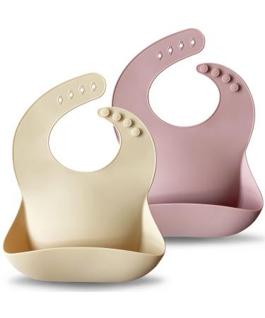 Moonkie Baby Bibs 2Pcs Silicone Feeding Bibs for Babies and Toddlers Waterproof weaning bib BPA Free Soft Adjustable Wide Food Crumb Catcher Pocket(Pale Mauve/Shifting Sand)