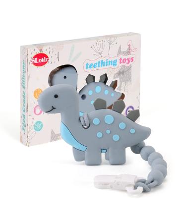 Baby Teething Toys for Babies 3-6 6-12 Months  Dinosaur Teether Pain Relief Toy with One Piece Design Pacifier Clip Holder Set  Freezer Safe Neutral Shower Gift for Boys and Girls (Grey)