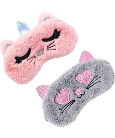 2 Pack Cute Animal Cat Sleep Mask for Girls Cute Cartoon Cat Soft Plush Blindfold Sleep Masks Eye Cover for Women Girls Travel Nap Night Sleeping