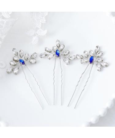 Artio Wedding Hair Pins Accessories with Rhinestones for Women and Girls 3PCS (Blue)