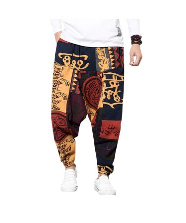Pejihota loose hip-hop harem pants for men linen Bohemian aladdin yogahs pumpphose deep step retro print pants with pockets l rojo