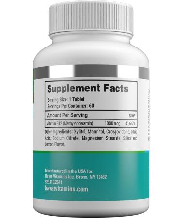 HAYAT Vitamins Vegan Natural Vitamin B12 1000 MCG Dietary Supplement for Energy Metabolism Support 2 Month Supply All Natural Certified Halal 60 Tablets Made in The USA - Buy Online on GoSupps.com