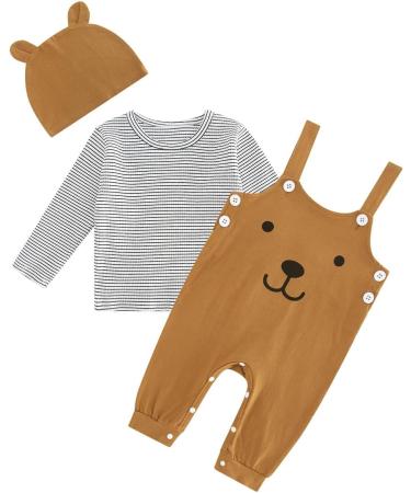 Infant Baby Boys 3pcs Clothing Set | Newborn Cotton Romper Outfits | Toddler Kids Pyjamas | Long Sleeve T-shirt + Dungarees + Hat | Brown | 0-3 Months - Buy Online on GoSupps.com