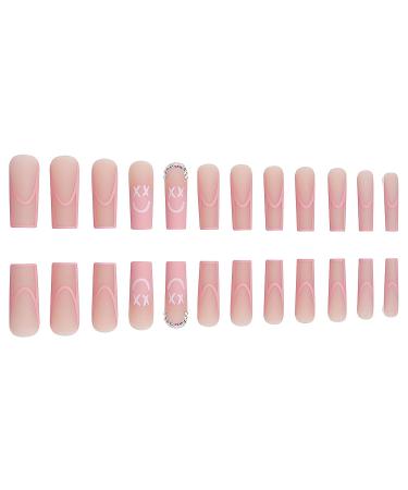 Smiling Face Pink Coffin Press-On Nails with Rhinestones - Long Square Fake Nails for Women & Girls - Buy Online on GoSupps.com