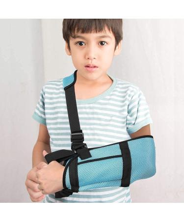 Kid's arm sling shoulder support light immobilizer with breathable network adjustable arm support belt with storage space for stabilizing the arm restoration of injuries shoulder dislocations blue