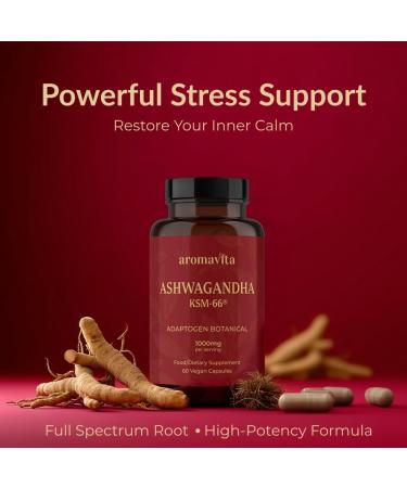 AROMAVITA Ashwagandha Capsules KSM-66 1000mg Daily Dose Pure Organic Root Powder Extract Ayurvedic Supplement - Focus Mood Support Increase Energy Strength. Natural KSM for Superior Absorption. - Buy Online on GoSupps.com