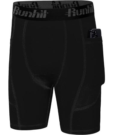 Runhit Youth Boys Compression Shorts - Performance Athletic Base Layer with Side Pocket - Black XS - Buy Online on GoSupps.com