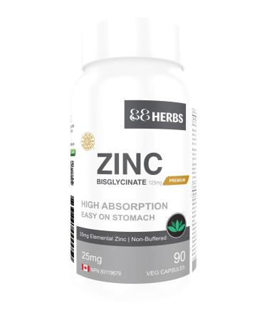 Zinc Bisglycinate Highest Absorption Non Buffered Premium Grade - 90 Veg Caps 25 mg (Elemental Zinc)