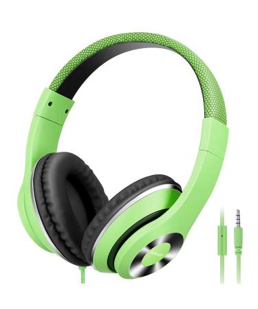 AUSDOM Lightweight Over-Ear Wired HiFi Stereo Headphones with Built-in Mic Comfortable Leather Earphones Noise Isolating Adjustable Deep Bass for iPhone iPod iPad Macbook MP3 Smartphones Laptop- Green