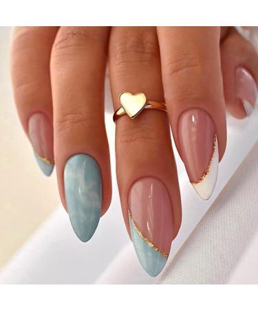 24Pcs Press on Nails Short Almond French Tips Acrylic Full Cover Fake Nails with Glue Sticker White Sky Blue False Nails Acrylic Stick on Nails for Women and Girls White & Sky Blue