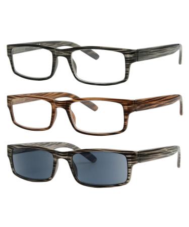 Eyekepper Spring Hinge Striped Reading Glasses (3 Pack) Men Including Sun Readers +2.00 3 Pcs Mix