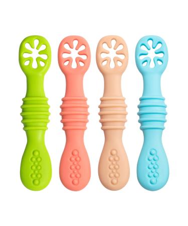 Babyl open baby learning spoon set 100% extra soft silicone BPA free feeding spoon and tooth aid for babysilicon spoon for baby and toddler infant children 4 months + (4PCs) learning spoon for babies 4PCs