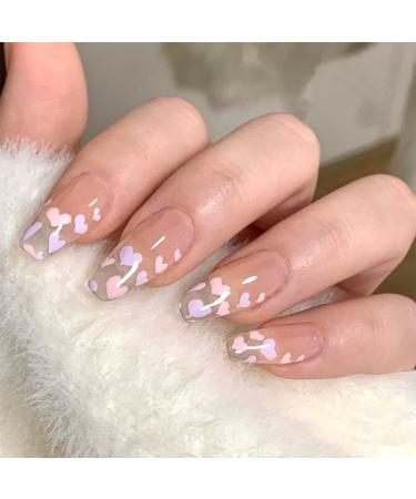 JUSTOTRY 24 Pcs Valentine's Day Press on Nails Long Pink Heart Fake Nails Patterns Translucent Medium Ballerina Stick on Nails for Women Acrylic Coffin False Nails with Glue for Nail Art Heart&Ballerina1