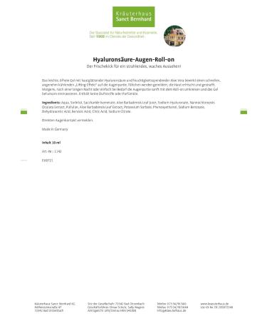 Sanct Bernhard Hyaluronic Acid Eye Roll-on | 10ml | Skin-Smoothing & Moisturizing Aloe Vera for Bright Eyes - International Shipping - Buy Online on GoSupps.com