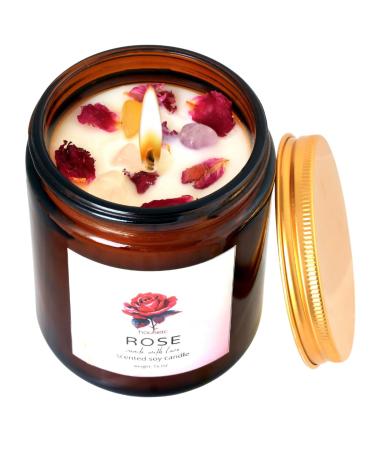Rose Scented Candle for Women - Soy Wax Aromatherapy Candle with Crystals and Rose Petals Perfect for Bath and Stress Relief Essential Oils Gift Jar Set for Birthday and Anniversary Presents
