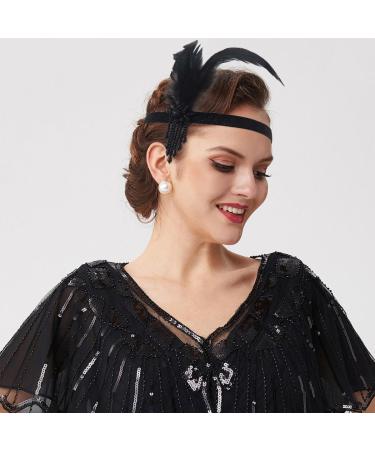 Handcess 1920s Flapper Feather Headband Black Feather Beaded Headband Women's Vintage Flapper Headpiece 20's Theme Cocktail Hair Accessories for Costume Prom Carnival Theme Party - Buy Online on GoSupps.com
