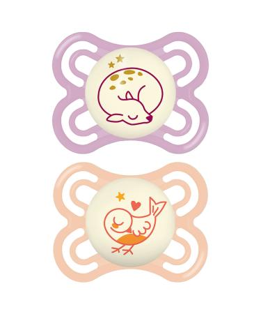 MAM Perfect Night Pacifiers (2 Pacifiers & Sterilizing Box) MAM Soother with a Silicone Nipple Glow in the Dark Pacifiers Baby Essentials Girl 0-6 Months