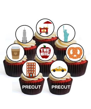 PRECUT New York Edible Cupcake Toppers - Big Apple NY Theme Premium Thickness SWEETENED VANILLA - wafer card disc cake decorations (Pack of 12)