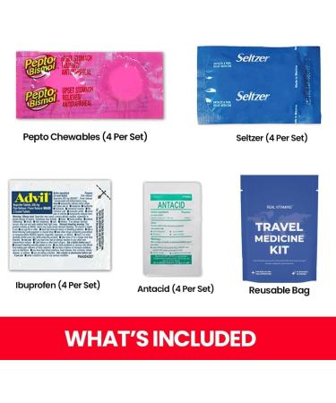 Travel Medicine Kit - 16 TSA-Approved Packets | Ibuprofen Bismol Antacids | Real Vitamins - Buy Online on GoSupps.com