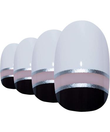 Bling Art Oval False Nails Gel Glossy Glitter French Manicure Fake Medium Tips with Glue (Black White Glossy) - Buy Online on GoSupps.com