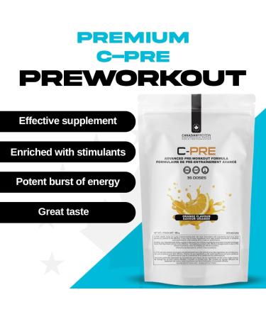 Canadian Protein C-PRE Advanced Pre-Workout Formula | 30 Doses of Orange Flavoured Scientifically Proven Pre-Workout Supplement Powder Increases Energy and Power Improves Focus - Buy Online on GoSupps.com