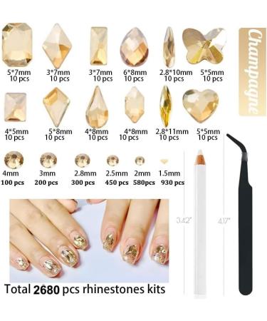 2680Pcs Champagne Gold Nails Rhinestones 120Pcs Big Golden Nail Charms Diamond Gems Stones with K9 Bling Flatback Round Beads Clear Glass Crystal Jewelry for Nails Faces Eyes Makeup Decoration Gold 2680 Pcs Nail Rhinestones - Buy Online on GoSupps.com