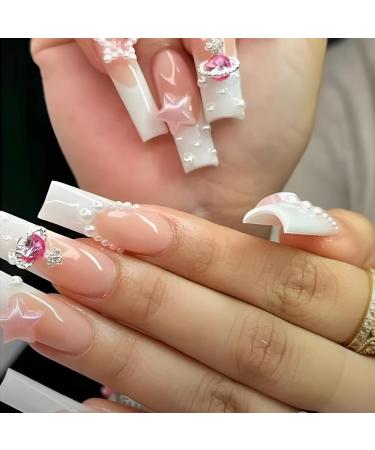 French Tip Press on Nails - Long T Press On Nails with Nail Tips White Planet Design White Pearl Star press on nails Acrylic False Nails Cute Artificial Nails
