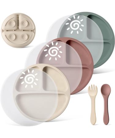 Baseola silicone baby plate with suction cup and lid sun pattern divided children's dishes set with forks and spoons BPA-free children's plate 3 pieces (dark green brick red beige)