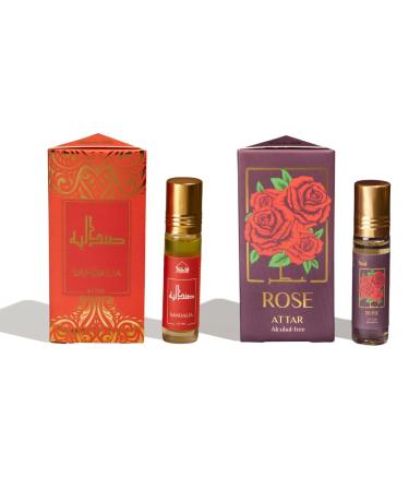 Sandalia Attar & Rose Attar Oil 2 x 6ml Arab perfume oils for men and women | 100% pure ittar roll on perfume chandan sandal sandalwood oil gulab | Original concentrated fragrance oil