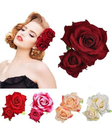 Ladies Handmade Flannel Elegant Pink Red Rose Hairpin Hair Clips Bridesmaid Head Piece Bridal Flower Hiar Clip Valentine's Day (red)