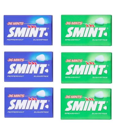 Smint XXL 3 Peppermint and 3 Spearmint Sugarfree Tins (Pack of 6) 36 Mints each Tin