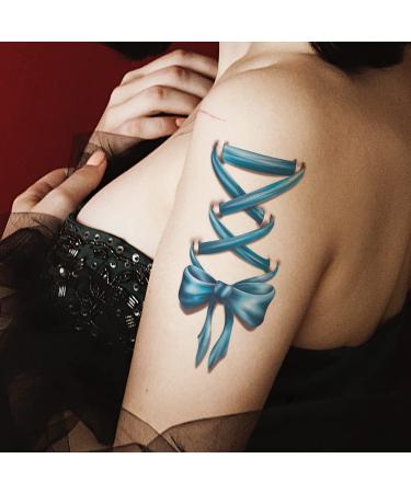 Oottati 2 Sheets Colorful Ribbon Blue Pink 3D Bow Tie Leg Shoelace Waterproof Tattoo Stickers - Realistic & Long-Lasting Design (3D-007) - Buy Online on GoSupps.com