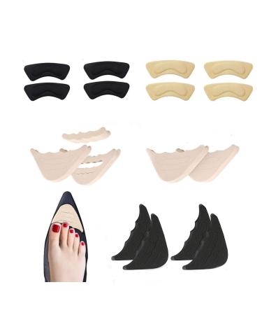 4 Pairs Adjustable Shoe Filler and 4 Pairs Heel Grip Liner Insert Reusable Toe Plug Foot Brace Pads for Men and Women Pumps Flats Sneakers Black+khaki+beige