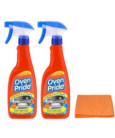 2X Oven Pride Daily Oven and Kitchen Degreaser Spray- 2X 500ml- Removes Tough Grease from Ovens Hobs Extractors Kitchen Surfaces - with Ultra Absorbent Microfibre Cleaning Cloth 2X Oven Pride Degreaser Spray + Cloth
